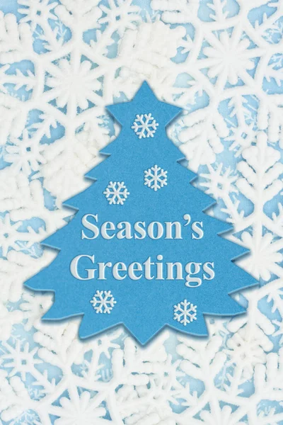 Seasons Greetings Message Blue Tree White Snowflakes — Stock Photo, Image