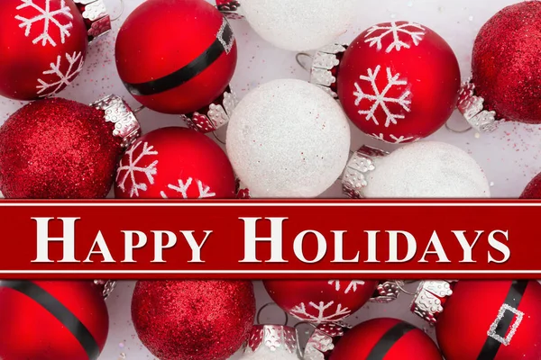 Happy Holiday Begroetingen Met Veel Rood Wit Kerstbal Ornamenten — Stockfoto