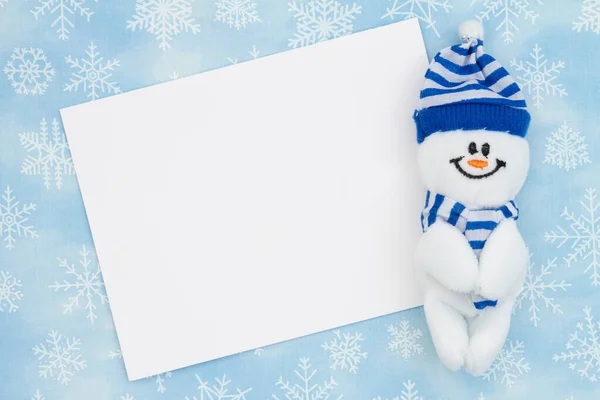 Cartão Saudação Branco Com Boneco Neve Feliz Flocos Neve Para — Fotografia de Stock