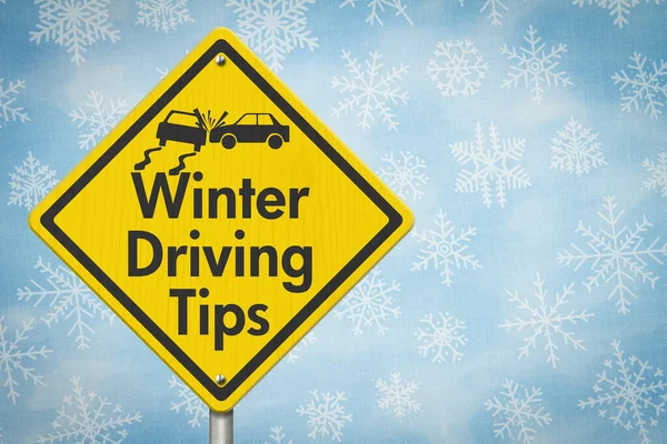 Winter Driving Tipy Žlutá Výstražná Značka Autonehodou Modrých Sněhových Vločkách Stock Snímky