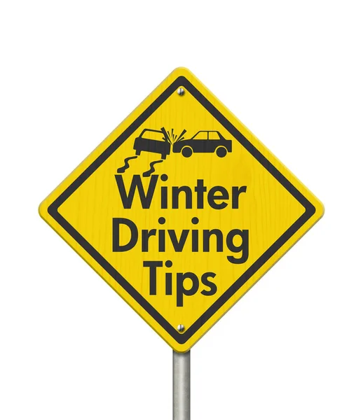 Winter Driving Tips Gele Waarschuwing Verkeersbord Met Auto Ongeluk Geïsoleerd — Stockfoto