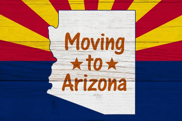Trasladarse Arizona Mensaje Una Bandera Del Estado Arizona Con Mapa Fotos de stock libres de derechos