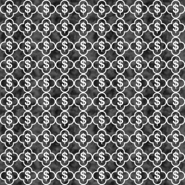 Görüntü siyah ve beyaz dolar işaretleri ve dört katlı folyo çizgileri. Kusursuz olan ve tekrar eden madde desenleri.
