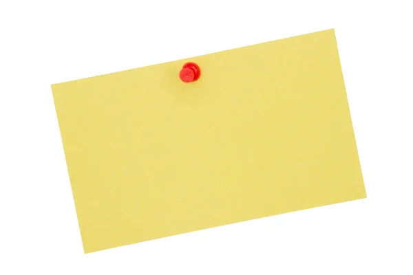 Tarjeta Índice Papel Amarillo Retro Con Pulsador Aislado Blanco Con Fotos de stock