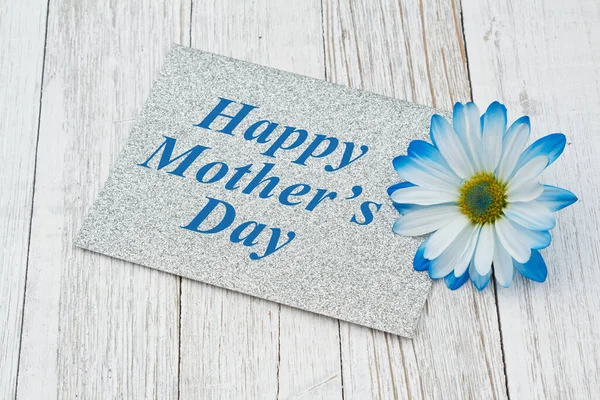 Happy Mothers Day Message Silver Greeting Card Blue Daisy Weathered — Stock Photo, Image