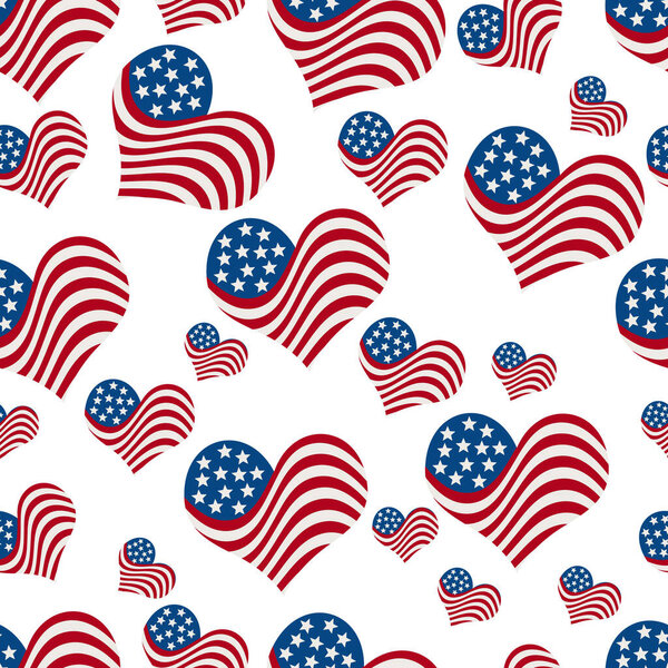 Иллюстрация красный, белый и синий флаг США сердца рисунок фон, который является бесшовным и повторяется