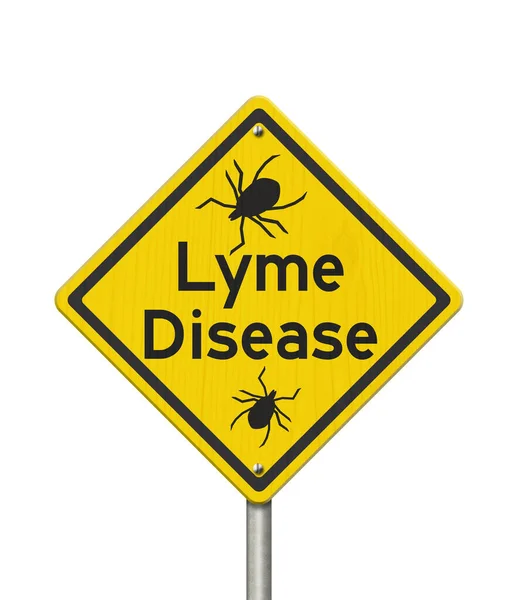 Lyme Ziekte Waarschuwing Een Gele Snelweg Waarschuwing Wegwijzer Geïsoleerd Wit — Stockfoto