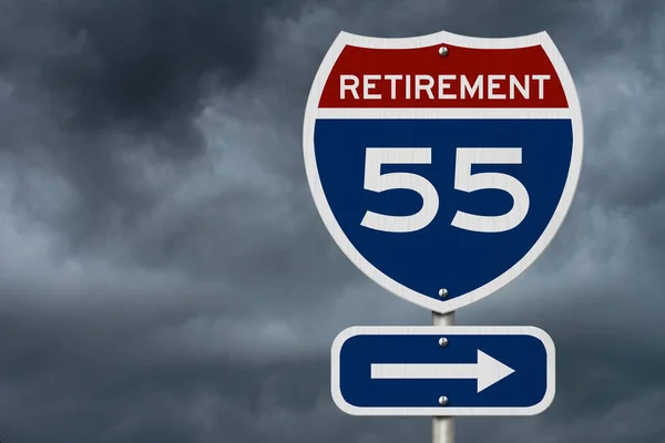 Συνταξιοδότηση Μπροστά Μήνυμα Κόκκινο Λευκό Και Μπλε Πινακίδα Αυτοκινητόδρομο Των — Φωτογραφία Αρχείου