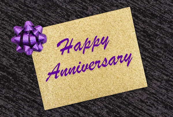 Happy Anniversary Greeting Gold Glitter Greeting Card Purple Bow Black — Stock Photo, Image