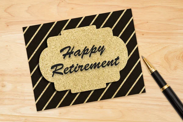 Happy Retirement Message Black Gold Greeting Card Wood Desk — Stock Photo, Image
