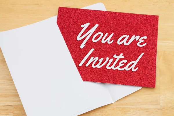 You Invited Red Glitter Greeting Card Envelope Desk — Stock Photo, Image