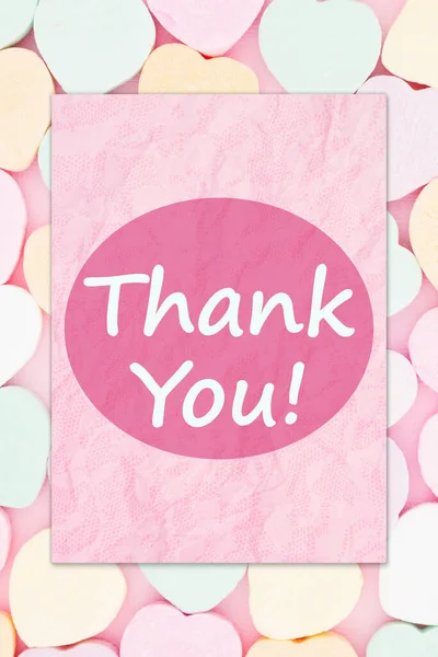 Obrigado Cartão Saudação Rosa Sobre Corações Doces — Fotografia de Stock