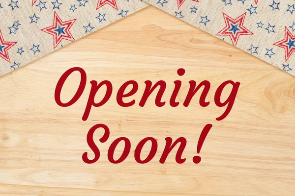 Opening Soon Wood Sign Blue Red Stars Ribbon — Stock Photo, Image