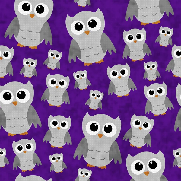 Gray Owls on Purple Textured Fabric Repeat Pattern Background — Stock Photo, Image