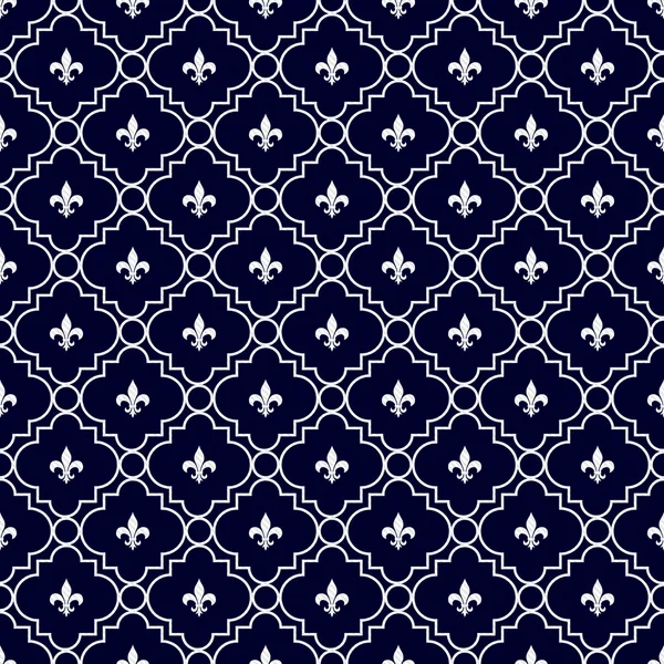 Navy Blue and White Fleur-De-Lis Pattern Textured Fabric Backgro — Stock Photo, Image