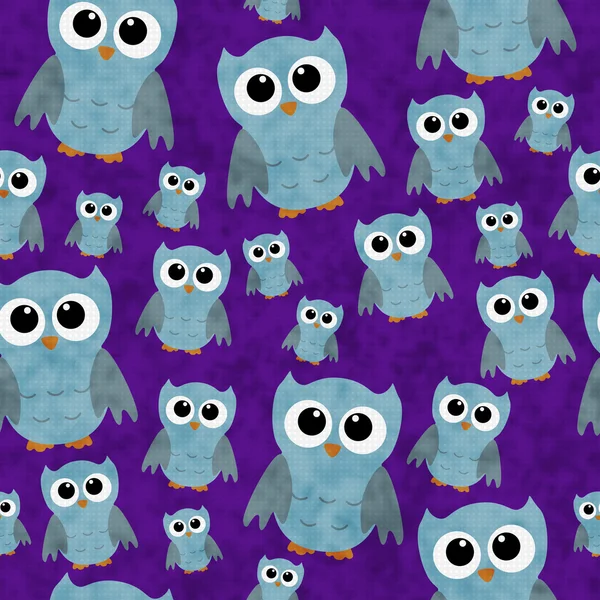 Blue Owls on Purple Textured Fabric Repeat Pattern Background — Stock Photo, Image