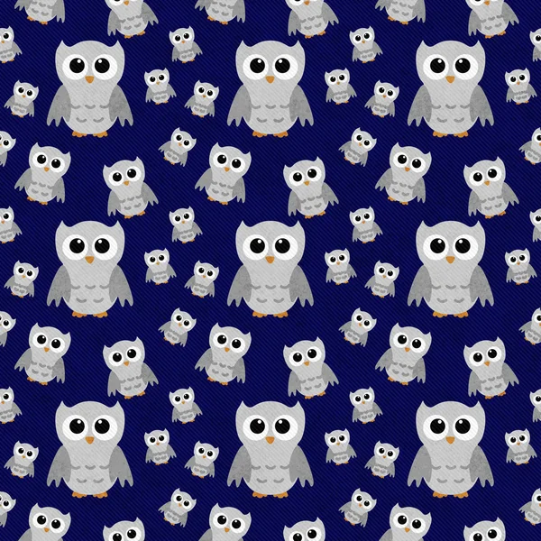 Gray Owls on Blue Textured Fabric Repeat Pattern Background — Stock Photo, Image