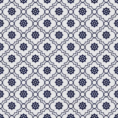 Navy Blue and White Wheel of Dharma Symbol Tile Pattern Repeat B clipart