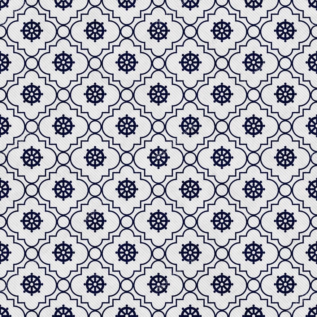 Navy Blue and White Wheel of Dharma Symbol Tile Pattern Repeat B