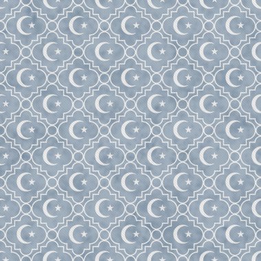 Pale Blue and White Star and Crescent Symbol Tile Pattern Repeat