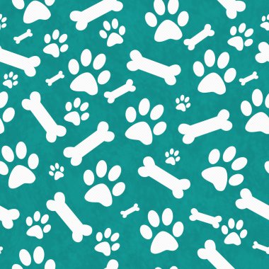 Teal and White Dog Paw Prints and Bones Tile Pattern Repeat Back