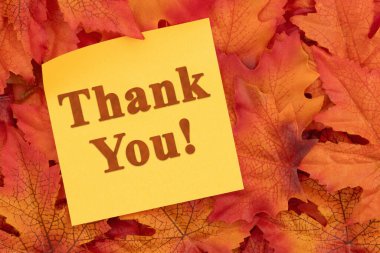 Renkli sonbahar yapraklarına yerleştirilmiş sarı teşekkür notu, sonbahar temalı bir ortamda minnettarlık, sıcaklık ve mevsimsel takdiri temsil ediyor..