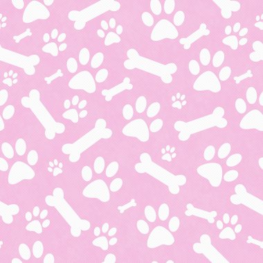 Pink and White Dog Paw Prints and Bones Tile Pattern Repeat Back