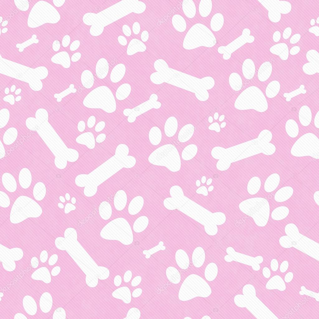 Pink and White Dog Paw Prints and Bones Tile Pattern Repeat Back