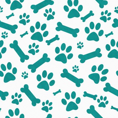Teal  and White Dog Paw Prints and Bones Tile Pattern Repeat Bac