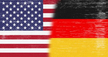 Sıkıntılı ABD bayrak yıldızları ve şeritleri ve uluslararası ilişkiler ve işbirliği mesajınız için Almanya bayrağı arka planı