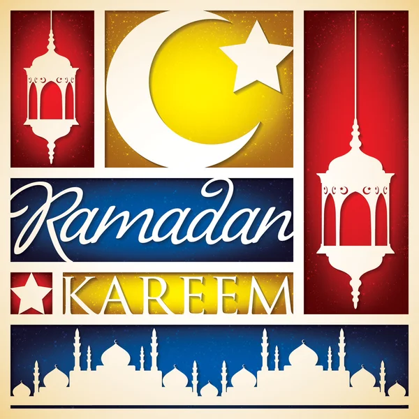 Papel recortado "Ramadán Kareem" (Ramadán Generoso) tarjeta en vector — Vector de stock