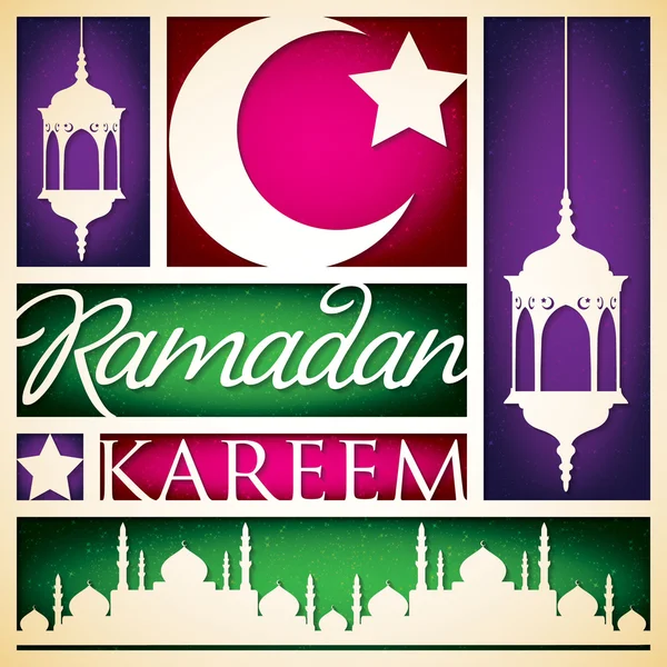 Papel recortado "Ramadán Kareem" (Ramadán Generoso) tarjeta en vector — Vector de stock