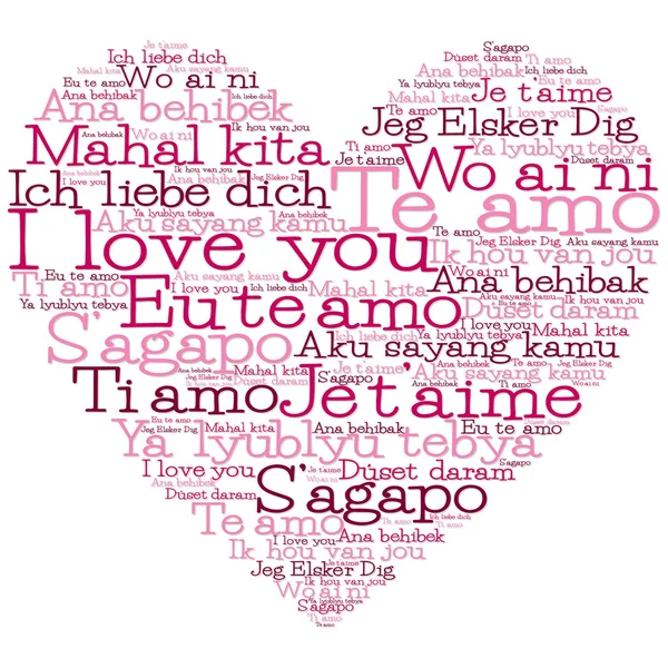 由15种不同的语言"我爱你"制成的爱之心 — 图库矢量图片