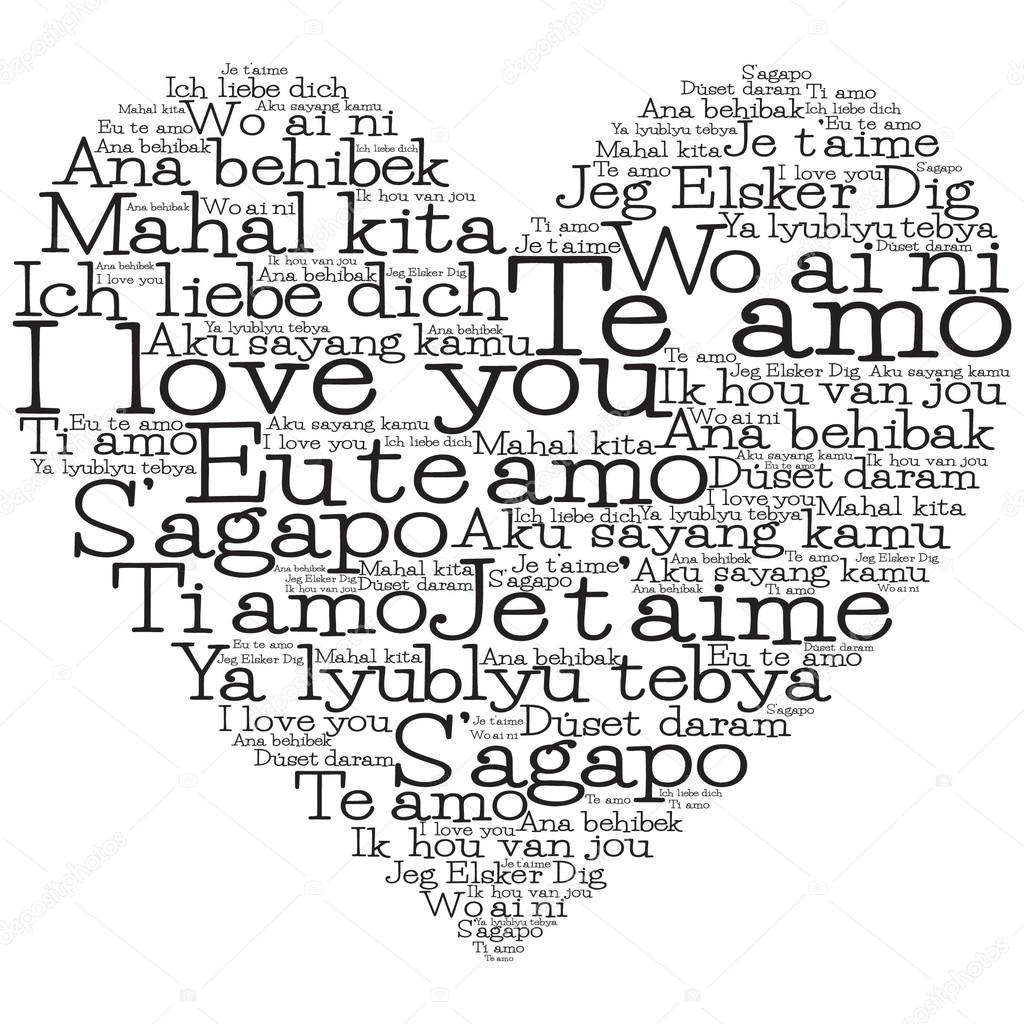 Love heart made from "I love you" in 15 different languages — Stock