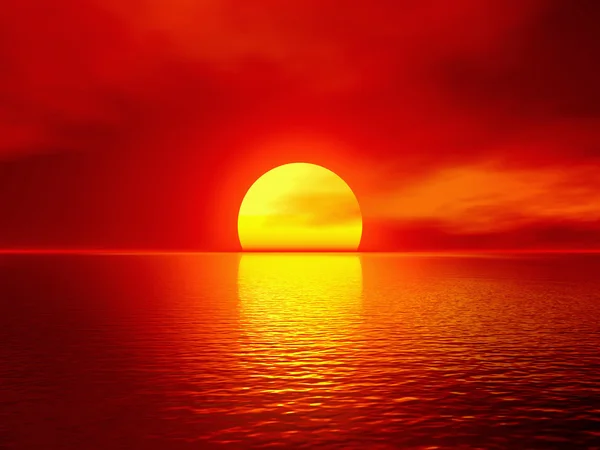 Dieprode zonsondergang over de Oceaan. 3D-gerenderde scène — Stockfoto