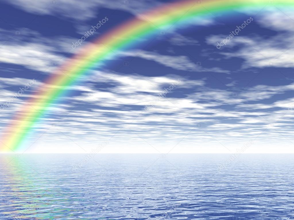 Rainbow over ocean 3d concept