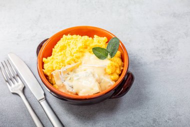 Gri masadaki kahverengi seramik tabakta erimiş gorgonzola peynirli lezzetli kremalı polenta. Kuzey İtalya 'daki bölgelerin tipik tarifi, özellikle Lombardiya' da. Yukarıdan bak, metin için boşluk. Seçici odak.