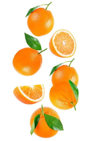 Fruto Volador Aislado Siete Frutas Naranjas Cayendo Sobre Fondo Blanco — Foto de Stock