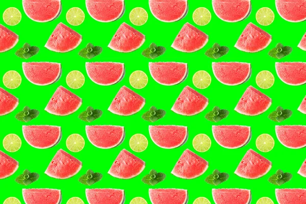 Creative Layout Seamless Fruits Pattern Photo Watermelon Slices Mint Leaves — Stock Photo, Image