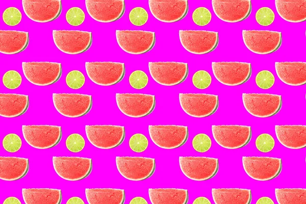 Creative Layout Seamless Fruits Pattern Photo Watermelon Lemon Slices Neon — Stock Photo, Image