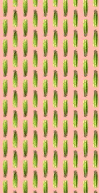 Kusursuz sebze desenli fotoğraf çizimi. Şeftali renginde taze kuşkonmaz. Kolaj sanatı. Vejetaryen konsepti. Üst manzara, düz yatış. Dikey pankart.