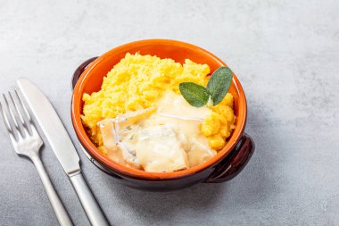 Gri masadaki kahverengi seramik tabakta erimiş gorgonzola peynirli lezzetli kremalı polenta. Kuzey İtalya 'daki bölgelerin tipik tarifi, özellikle Lombardiya' da. Mesaj için yer var. Seçici odak.