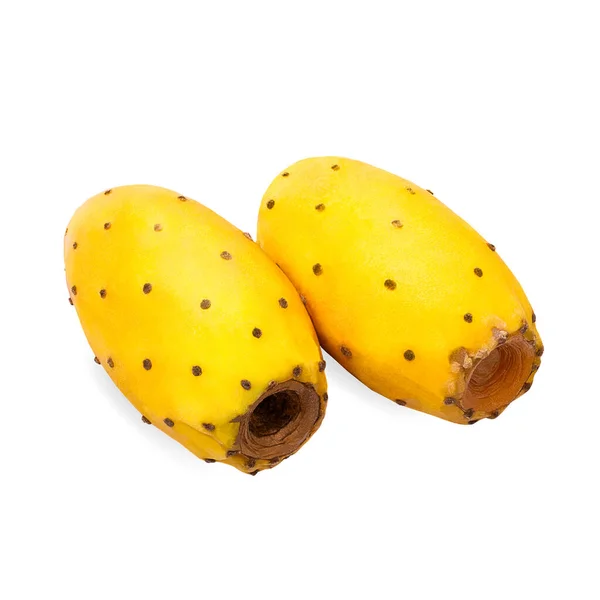 Ізольовані плоди опунції. Дві цілі жовті колючі груші кактуси на білому тлі з відсічним контуром — стокове фото