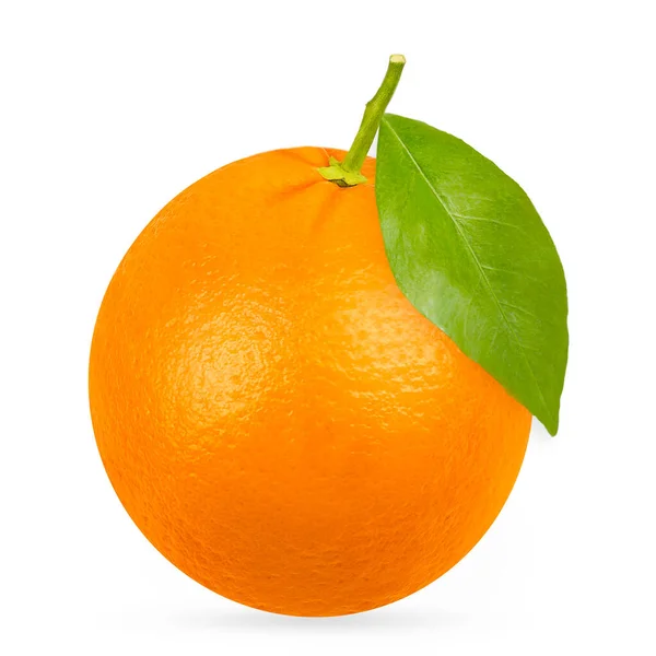 Jedno zralé pomerančové ovoce s listy a stíny izolovanými na bílém — Stock fotografie