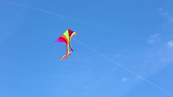 Cometa multicolor volando contra el cielo azul con fondo de nubes blancas — Vídeo de stock