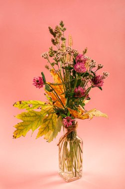 Pembe arka planda sonbahar çiçekleri olan şeffaf vazo