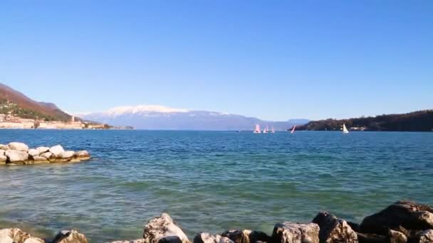 Segelbåtar på Gardasjön förbereder sig för loppet — Stockvideo