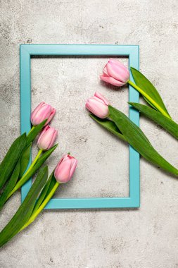 Nihai gri duvarda taze pembe lale çiçekleri