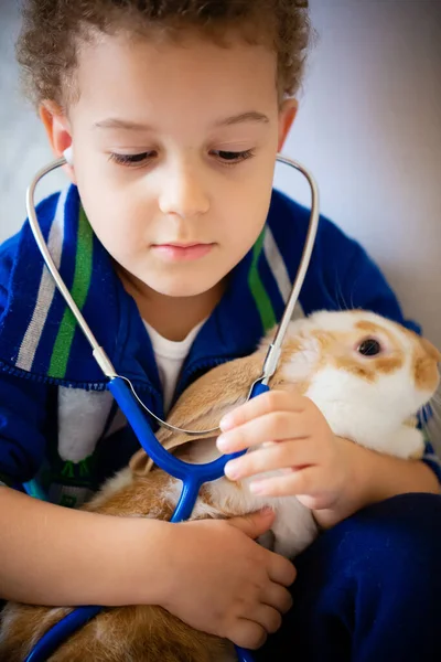 Małe dziecko ze swoim króliczkiem na szarym. Obrazek Stockowy