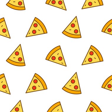 Pizza dilimleri ikon desenleri çizer. Sokak yemeği pizzacısı duvar kâğıdı deseni.